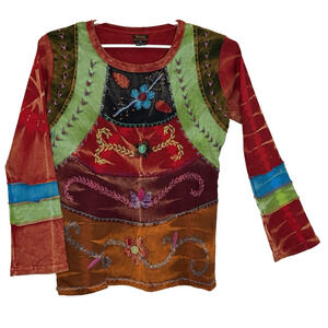 Rising International Pullover Top Womens XXL Multicolor Patchwork Embroidery Y2K